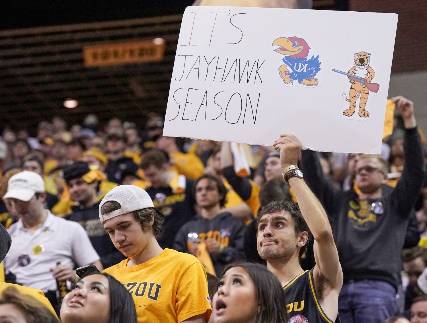 Dec 10, 2022; Columbia, Missouri, USA; A Missouri Tigers fan shows his support before their game against the Kansas Jayhawks at Mizzou Arena. Mandatory Credit: Denny Medley-USA TODAY Sports